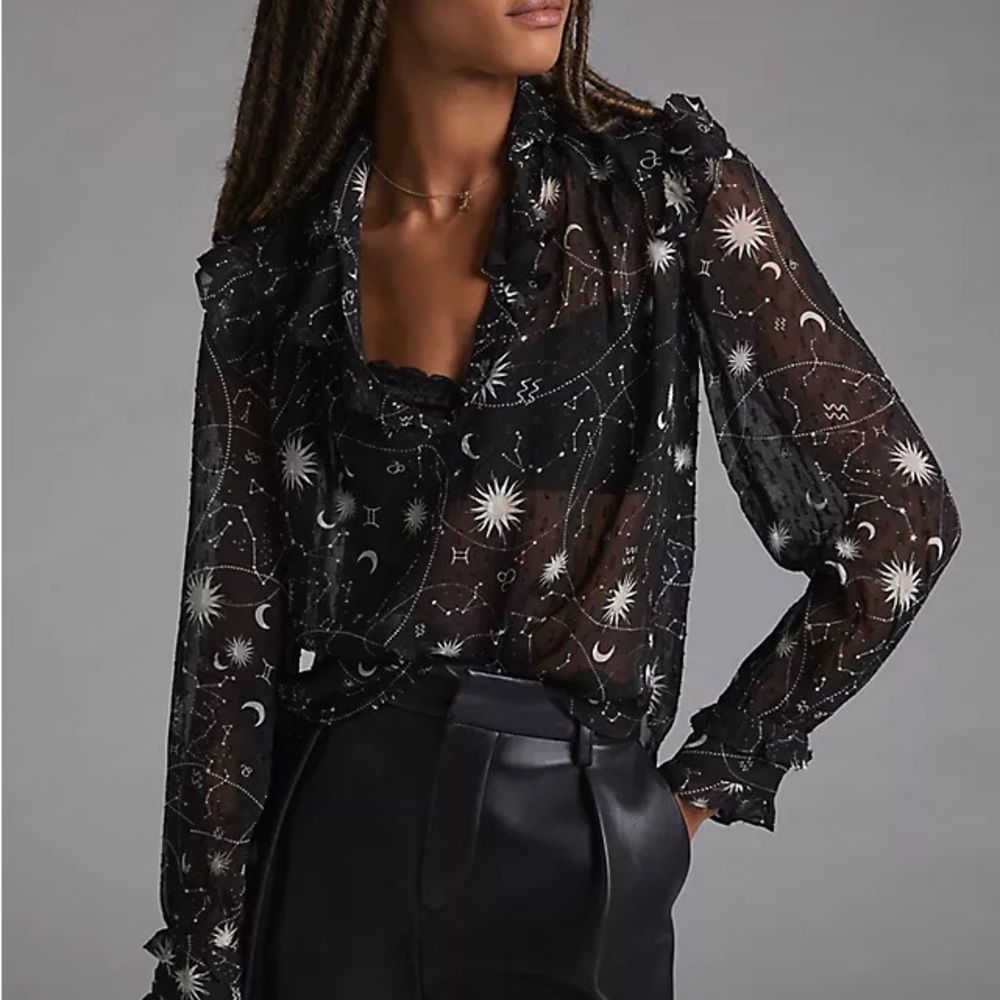 Anthropologie Sheer Black Celestial Print Blouse NWT